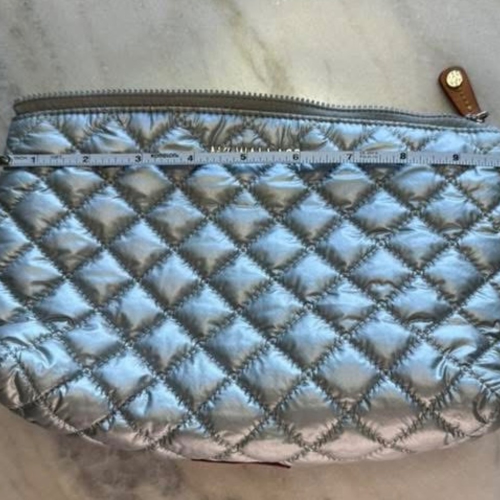 MZ Wallace Cosmetic Case Bag Tin Metallic Silver Neon Yellow Lining - Picture 3 of 3